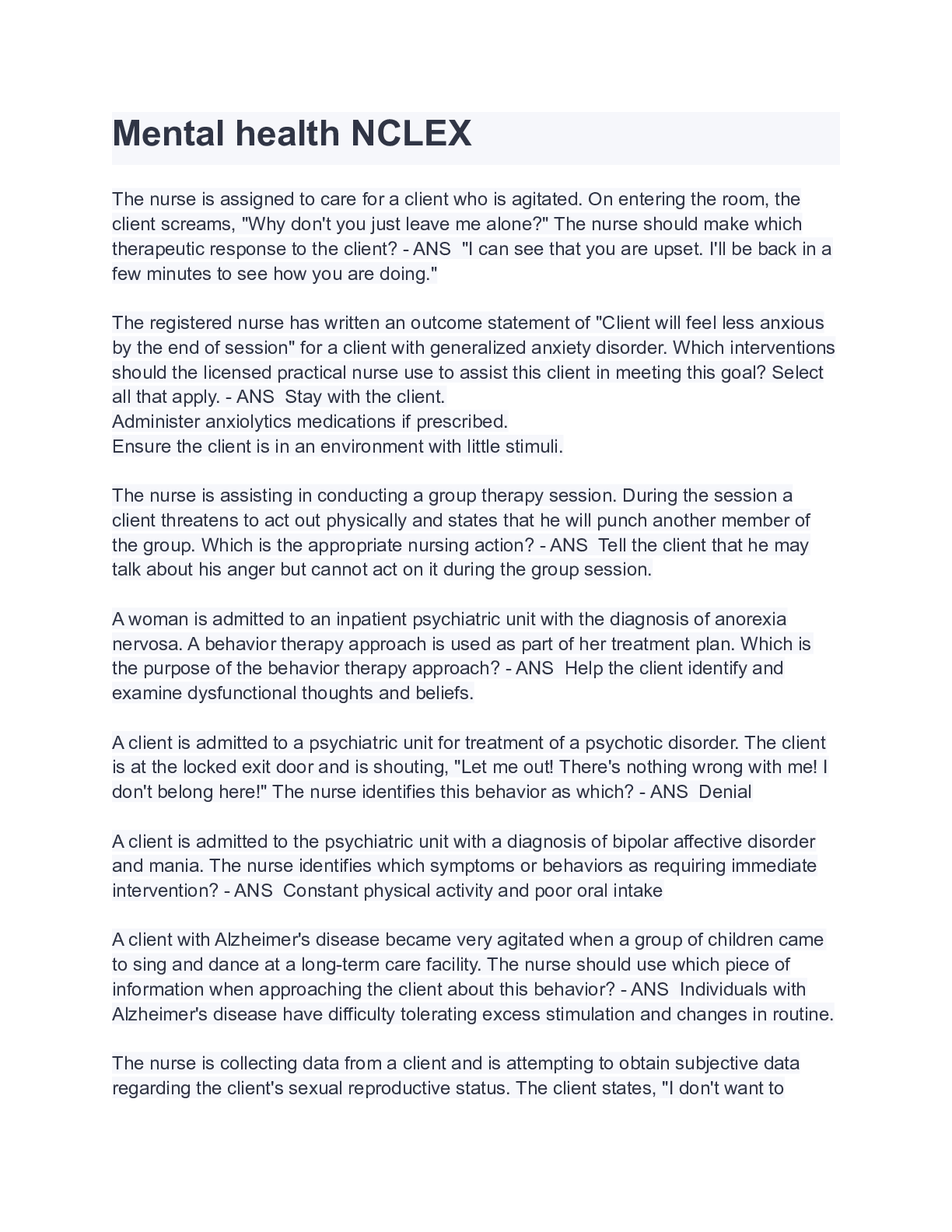 Preview image for 2022 Mental health NCLEX QUESTIONS AND ASWERS ( A+ GRADED 100%VERIFIED)